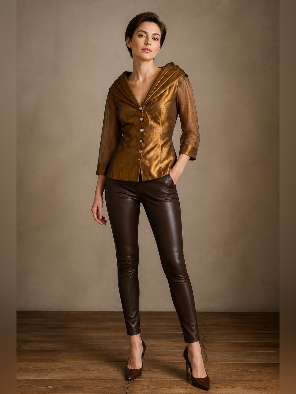 Vintage Alex Evenings - Metallic Gold Button-Front Blouse w/ Wide Draped Collar